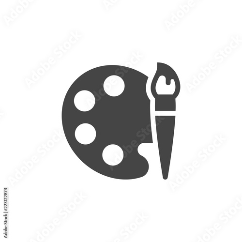 Palette for paints and brush icon. Symbol of drawing, art training. Tool for artists. Graphic flat sign. Web interface label. Vector illustration isolated on white background