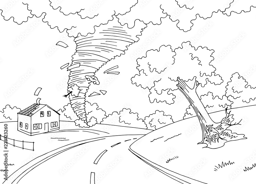 Hurricane whirlwind storm graphic black white landscape city sketch