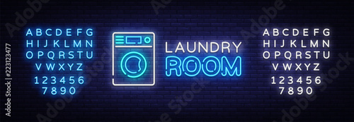 Laundry Room Neon Logo Vector. Dry Cleaning neon sign, design template, modern trend design, night neon signboard, night bright advertising, light banner, light art. Vector. Editing text neon sign