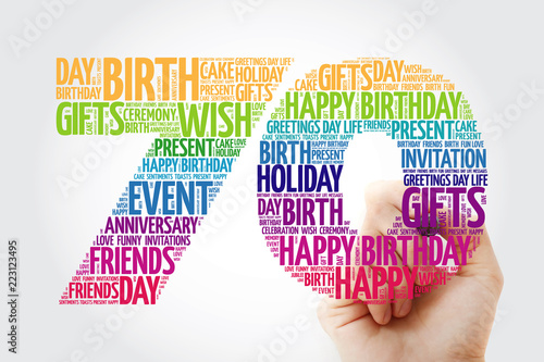 Happy 70th birthday word cloud collage with marker photo