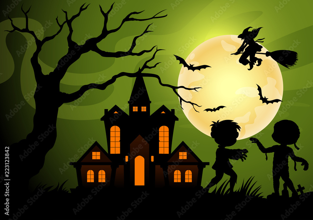 Halloween night background with creepy castle with mummy, frankenstein and witch shadows