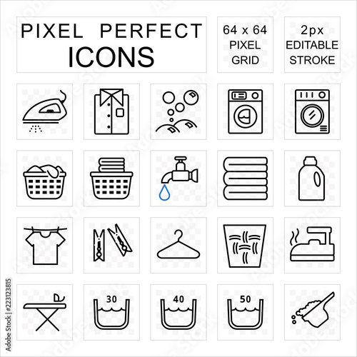 Laundry pixel perfect icon set with washing and housework concept