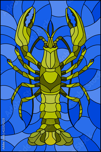 Illustration in stained glass stile with abstract green crayfish on a blue background 