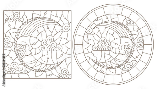 Set of contour illustrations of stained glass Windows with the moon and sky, round and rectangular image, dark contours on white background