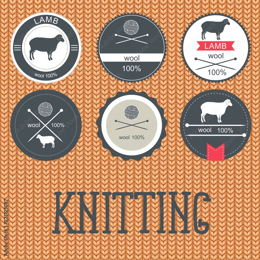 Set of labels, badges and design elements.Knitted wool texture