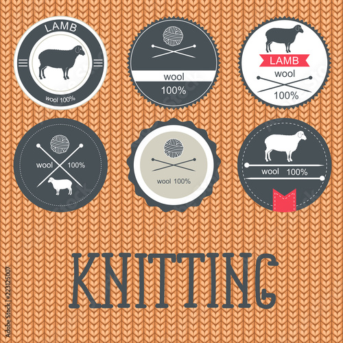 Set of labels, badges and design elements.Knitted wool texture. Seamless Background. knitted seamless fabric