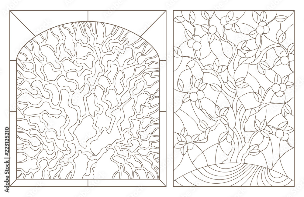 Set contour illustrations of stained glass with the image of the trees,dark outlines on white background