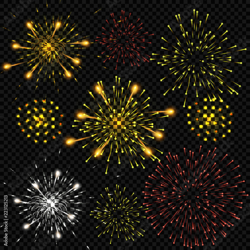 Festive patterned fireworks in the city, bursting in various forms, sparkling pictograms Abstract. New Year and birthdays. Vector illustration