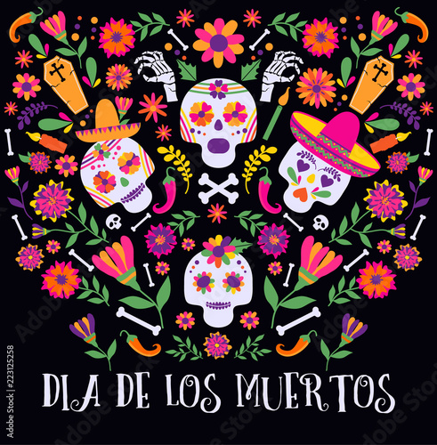 Day of the dead, Dia de los muertos, banner with colorful Mexican flowers and icons. Fiesta, holiday poster, party flyer, funny greeting card
