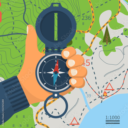 Compass in hand. Magnetic navigation device. Equipment for orientation of the traveler. The investigation of the area. Vector illustration flat design. Isolated on tourist map background.
