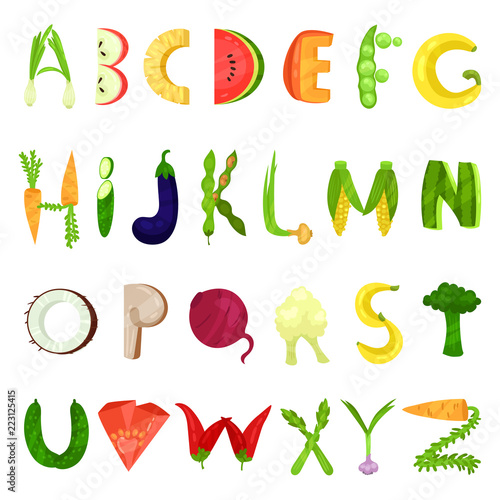 Veggie English alphabet letters made from fresh vegetables vector Illustration on a white background