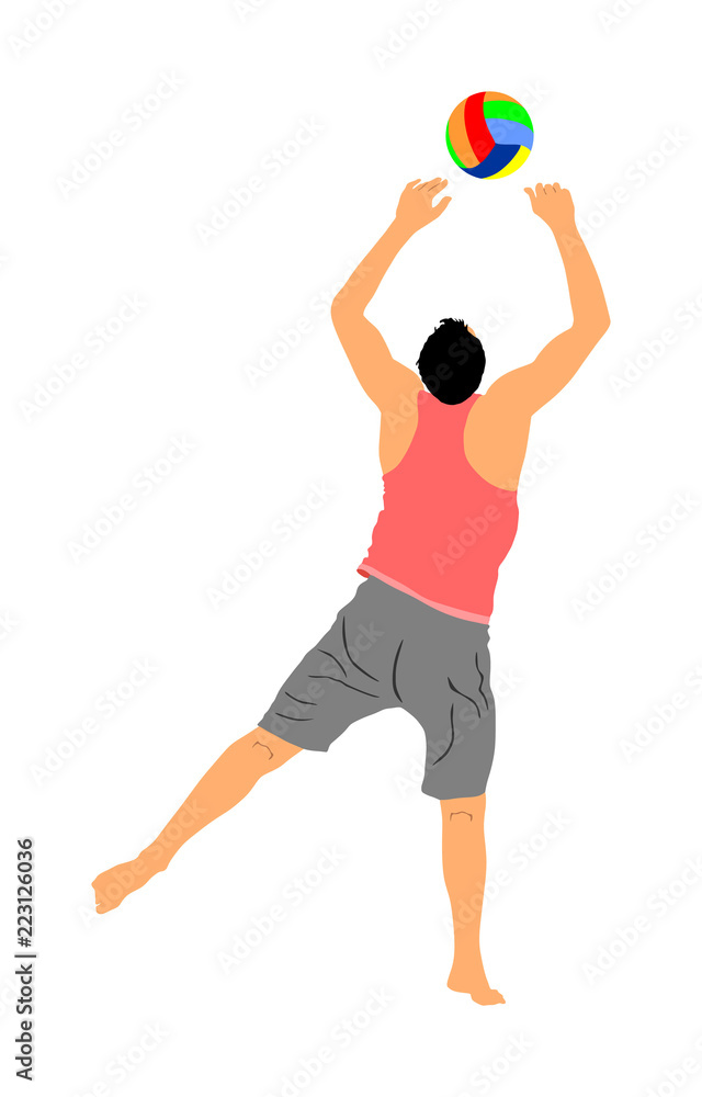 Beach volleyball player vector illustration isolated on white background. Volleyball boy in action. Summer time enjoying on sand. Man sport activity. Active life style. Outdoor fun with ball activity. Beach volleyball player vector illustration isolated on white background. Volleyball boy in action. Summer time enjoying on sand. Man sport activity. Active life style. Outdoor fun with ball activity.