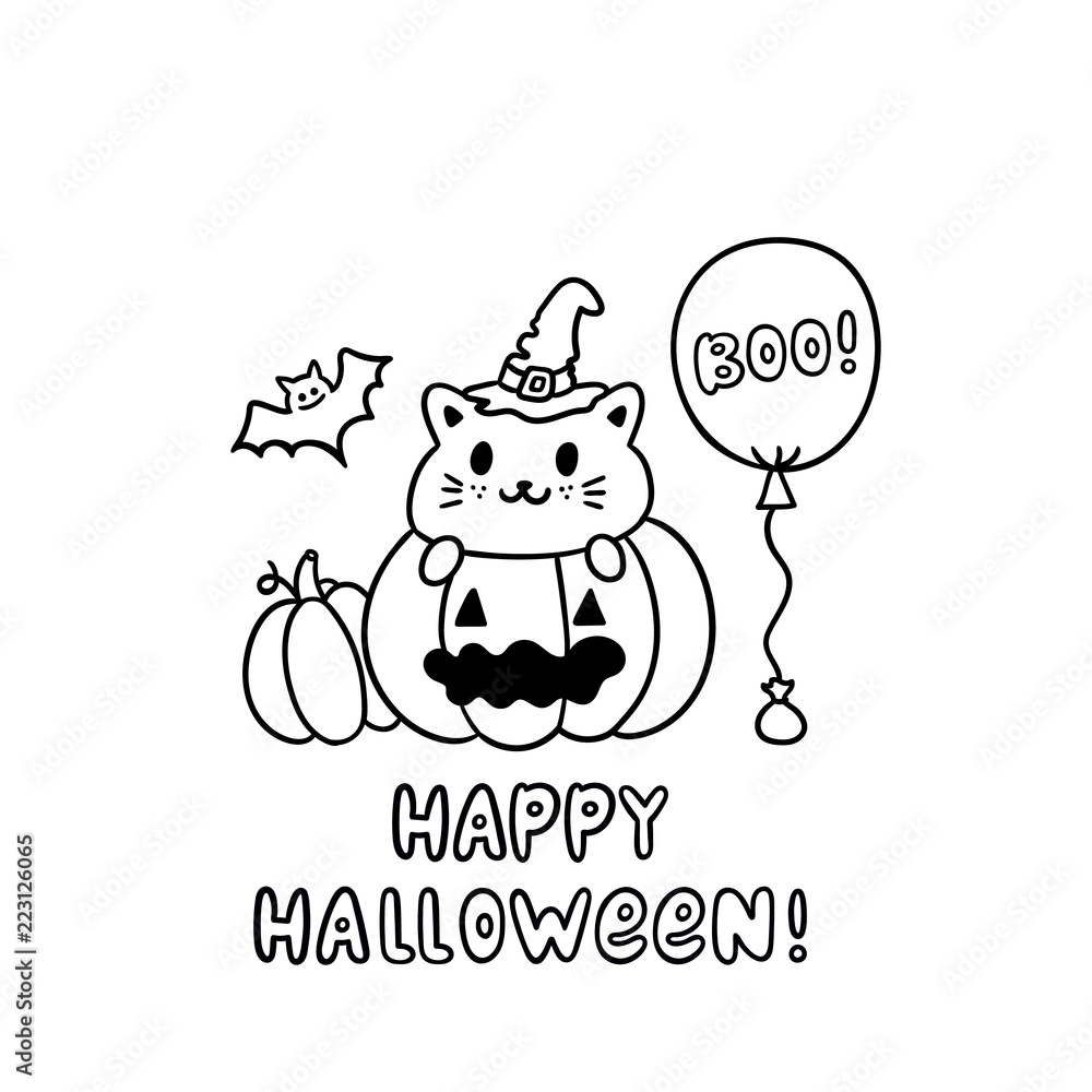 Funny cat in halloween pumpkin and inscription Happy Halloween. It can be used for sticker, patch, phone case, poster, t-shirt, mug etc.