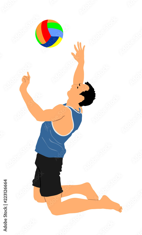 Beach volleyball player vector illustration isolated on white background. Volleyball boy in action. Summer time enjoying on sand. Man sport activity. Active life style. Outdoor fun with ball activity.