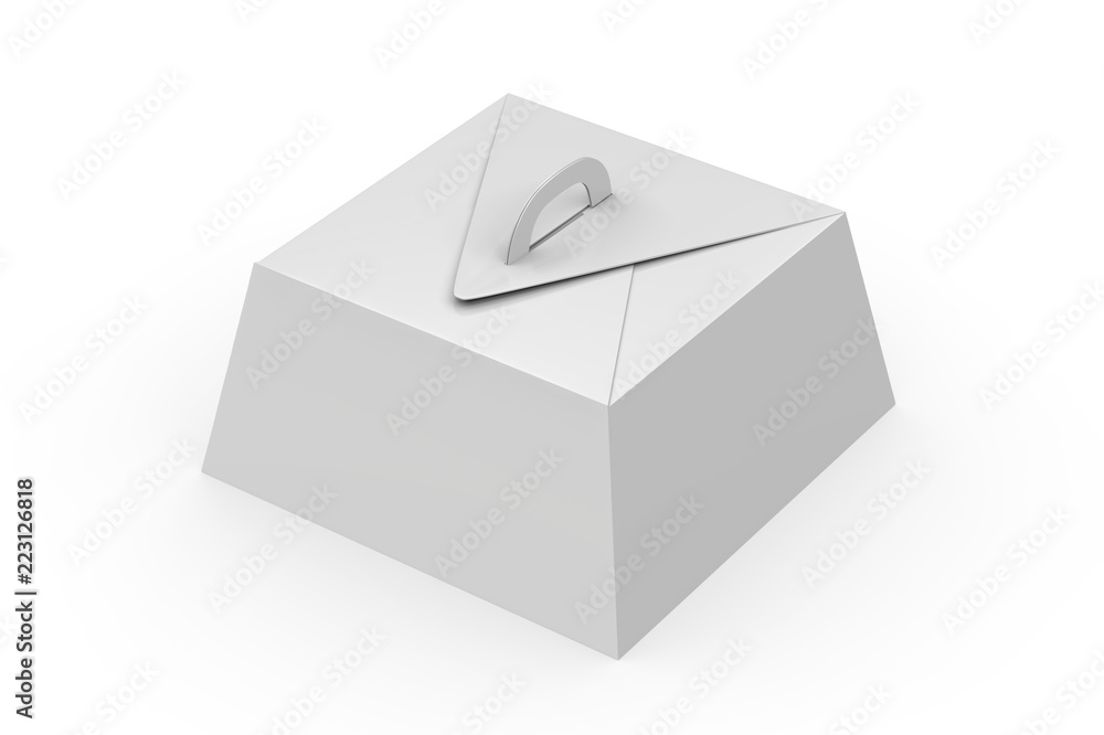 White Blank Gift Packaging Box with Handle mock up for Cake and Pie, Mock-up Template on Isolated White Background, 3D Illustration White Blank Gift Packaging Box with Handle mock up for Cake and Pie, Mock-up Template on Isolated White Background, 3D Illustration