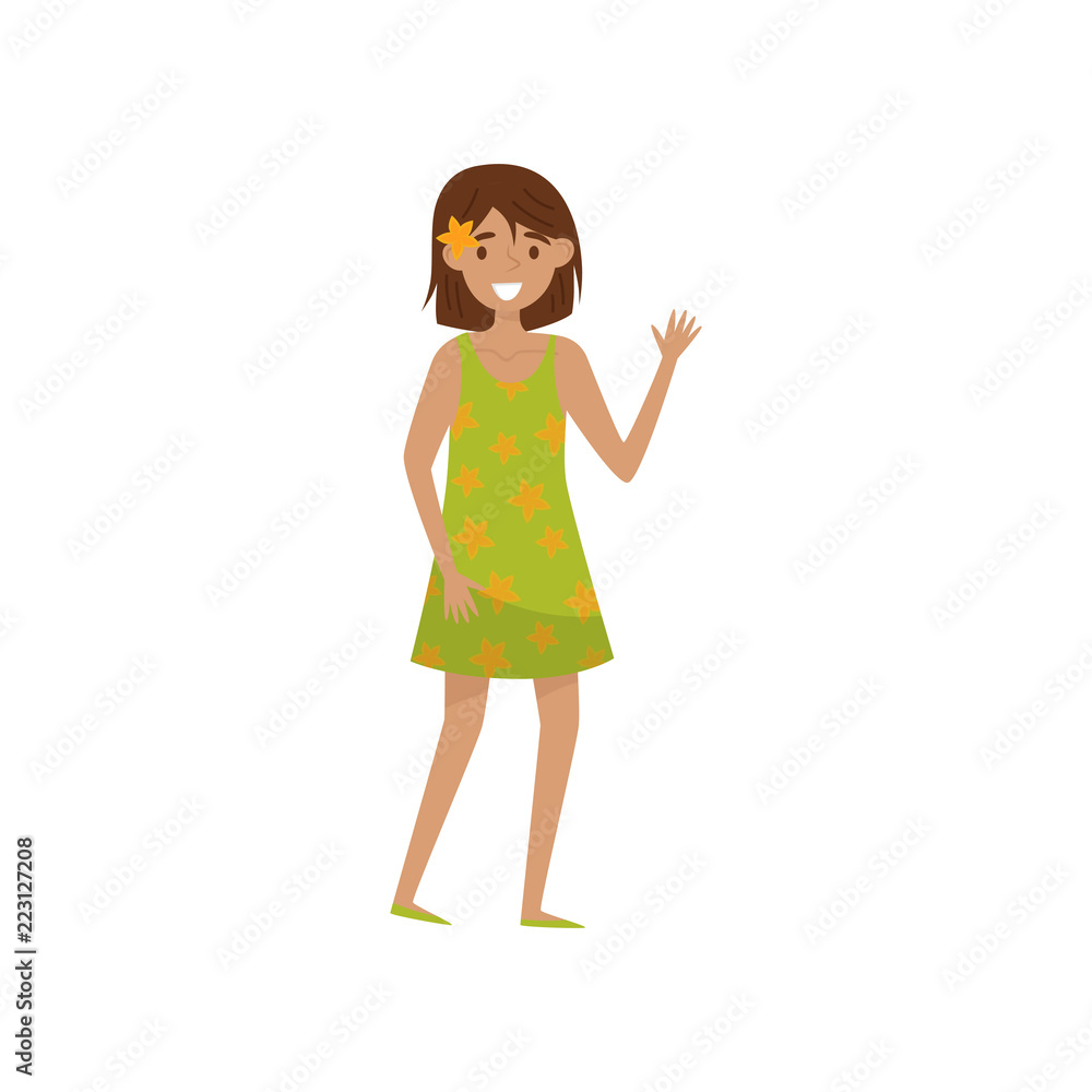 Happy smiling girl waving her hand, young woman enjoying summer vacation vector Illustration on a white background Happy smiling girl waving her hand, young woman enjoying summer vacation vector Illustration on a white background