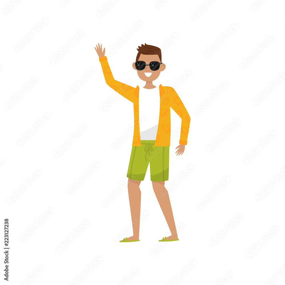Happy smiling guy waving his hand, young man enjoying summer vacation vector Illustration on a white background