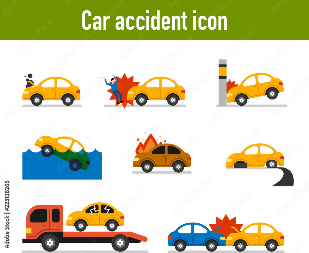 Various situations of car accident. flat design style vector graphic illustration