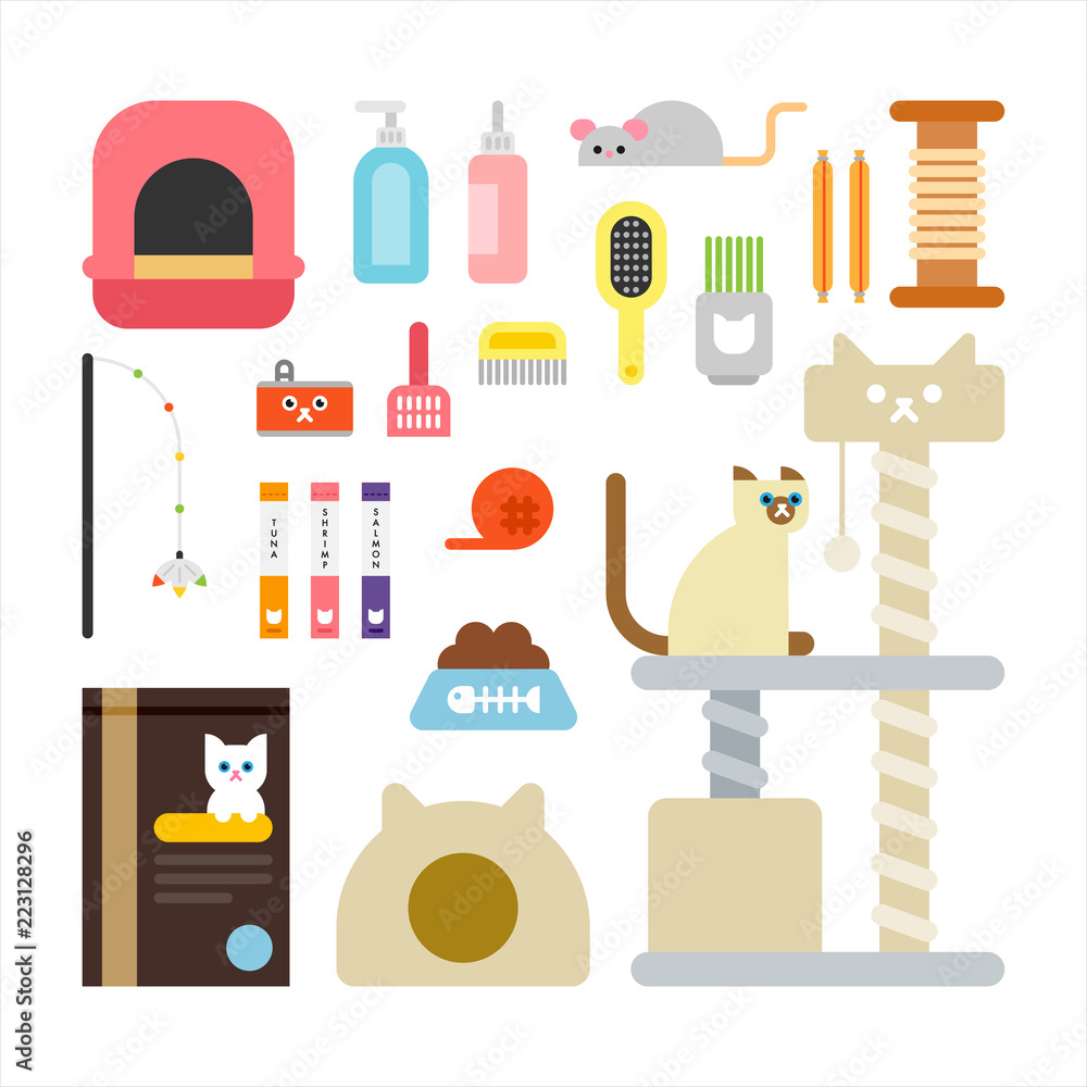 cat and cat supplies icon set. flat design style vector graphic