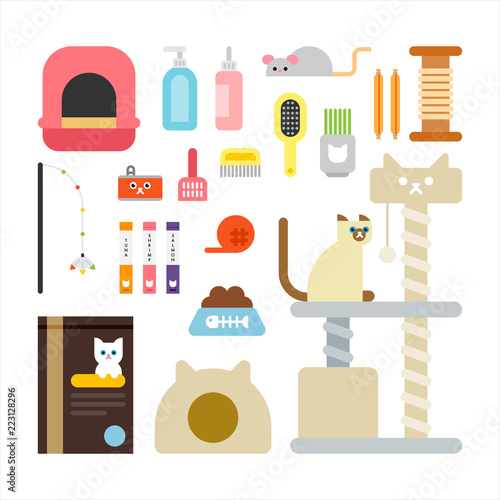 cat and cat supplies icon set. flat design style vector graphic illustration