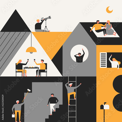 House section and neighborhood residents. flat design style vector graphic illustration