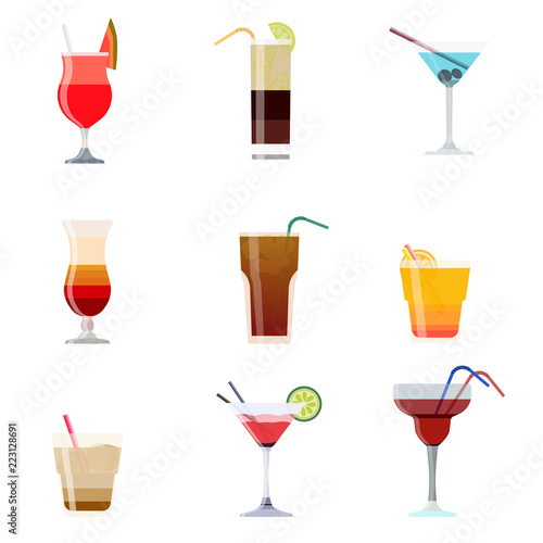 Alcoholic cocktails isolated on black background. Cocktail drink. Vector