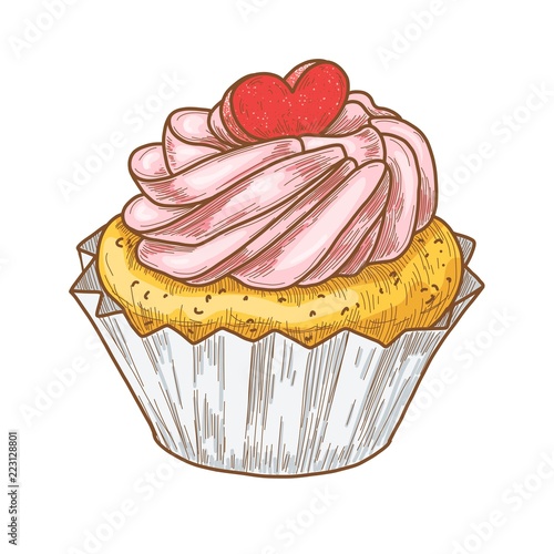 Hand drawn cupcake with heart cookie, vintage etching, colorful food sketch engraving, pen and ink line art isolated on white background. Vector illustration.