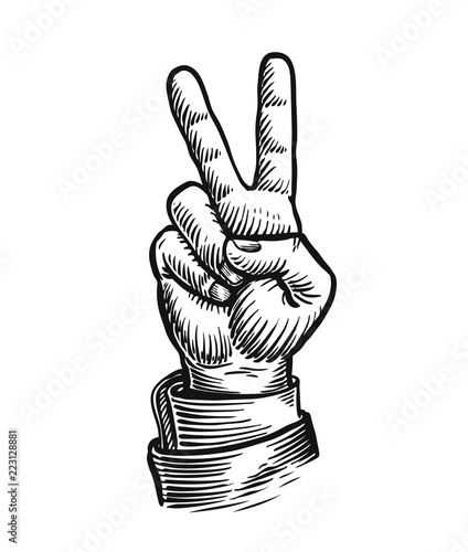 Hand gesture of victory or peace. Success symbol. Sketch vintage vector illustration