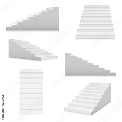 White stairs template set. Interior staircases in cartoon style isolated on white background. Vector 3d staircase illustration