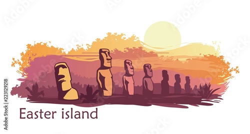 The landscape of Easter island with the famous sculptures at sunset