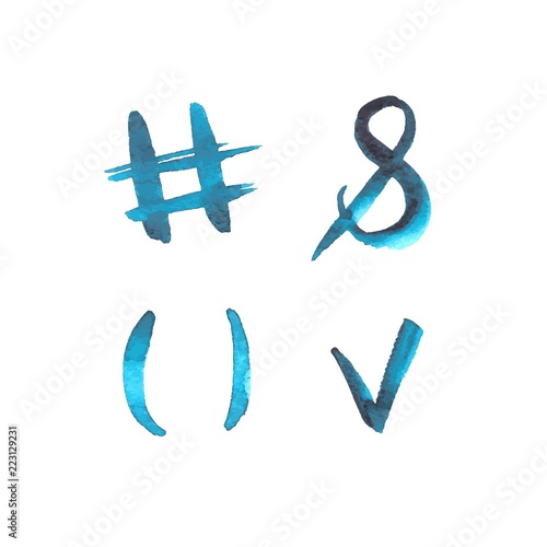 Vector illustration. Watercolor blue hand drawn signs: hashtag, brackets, and, tick