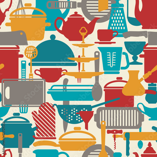 Seamless vector pattern. Kitchen background. Cooking utensils and kitchen tools