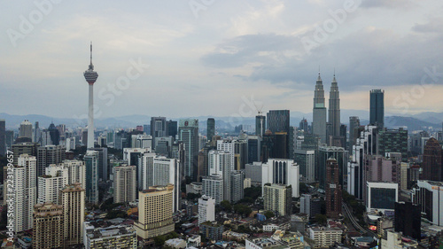 Photography Aerial view of Kuala Lumpur Skyline with KL Tower in Malaysia