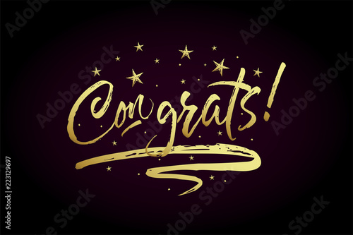 Congrats, Congratulations card. Beautiful greeting poster, calligraphy gold text word ribbon star. Hand drawn design elements. Handwritten modern brush lettering on a black background isolated vector