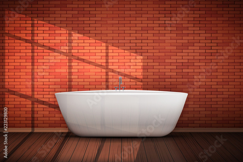 Modern bath in loft interior with red brick wall and sunlight. Element for design bathroom. Vintage Rural room and fashion interior. Vector Illustration