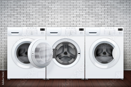 Laundry room interior with many washing machines on brick wall background. The concept of modern equipment for home laundry and household appliances. Vector Illustration