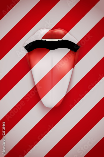 Womans mouth with his tongue hanging out. White strip and Red background. Art Advertisement Poster. Vector Illustration.