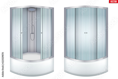 Set of Modern corner shower cabin. Glass Door and angular installation. Opened and Closed doors. Sample Vector Illustration isolated on white background.