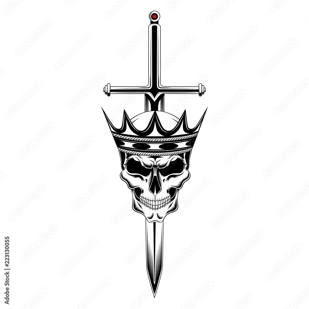 Black and white skull in the crown with a sword. Stock Vector | Adobe Stock