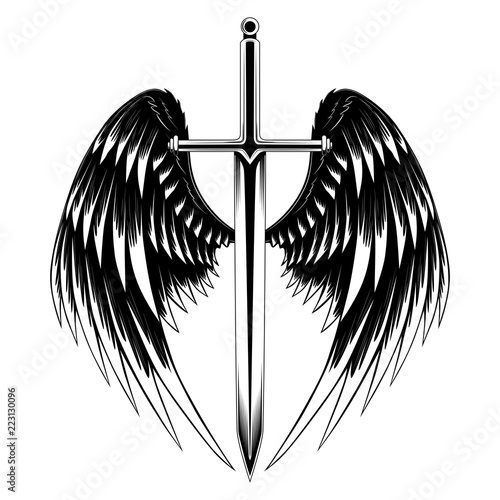 Black and white vector image sword with wings.