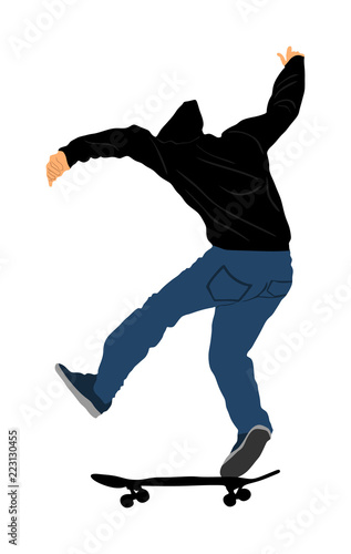 Extreme sport game, skateboarder in skate park, air jump trick. Skateboard vector illustration isolated on white background. Outdoor urban action. Gymnastic jumping with board. Street show performer.