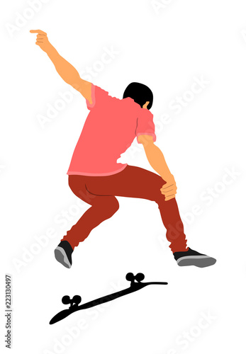 Extreme sport game, skateboarder in skate park, air jump trick. Skateboard vector illustration isolated on white background. Outdoor urban action. Gymnastic jumping with board. Street show performer.