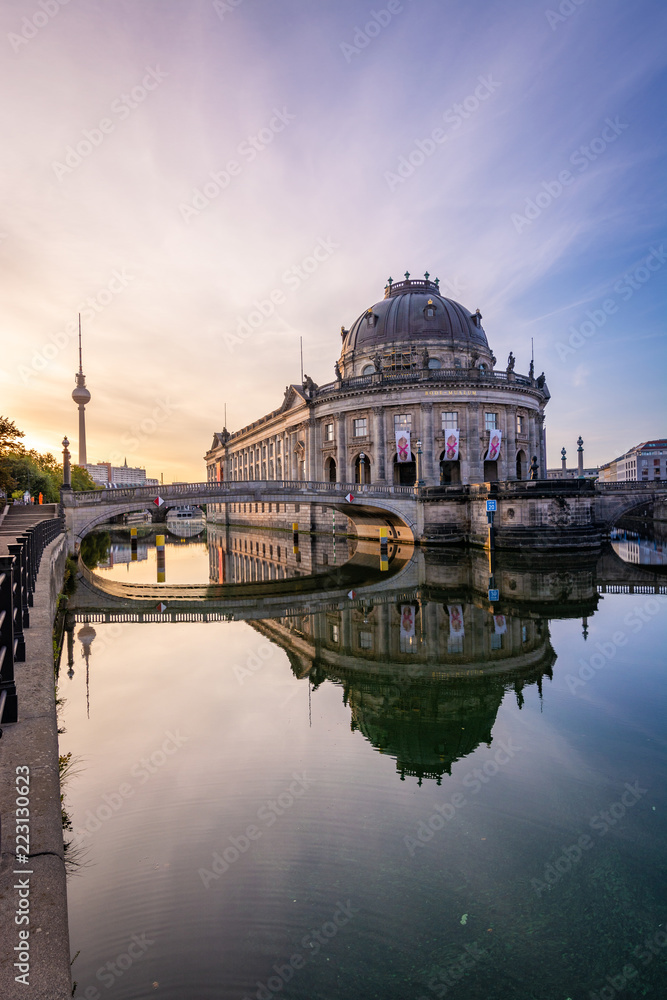 Bode Museum with the Berlin Fernsehturm in the background during sunrise