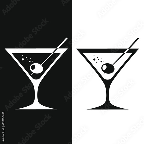 Glass of martini with olive. Two-tone version on black and white background. Vector illustration