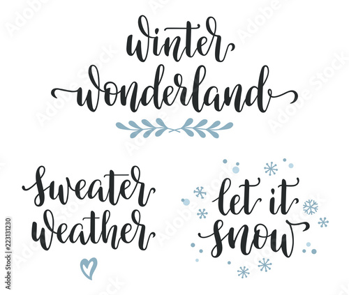 Winter seasonal inspirational calligraphy set. Wonderland, Sweater weather, Let it snow hand written lettering