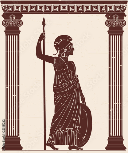 Ancient Greek goddess of war and wisdom Athena Pallada with a spear and shield in the hands in the temple between the columns.