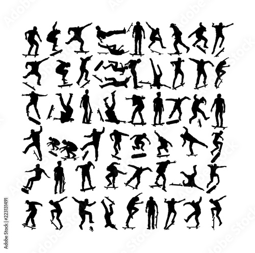 Extreme sport game, skateboarder in skate park, air jump trick. Skateboard vector silhouette illustration isolated on white background. Outdoor urban action. Sport accident. Injured athletes falls.