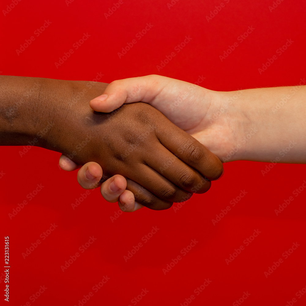 Đây là hình ảnh đáng xem của bàn tay đầy yêu thương giữa hai người đại diện cho hai chủng tộc trên nền đỏ lung linh. Hình ảnh phản ánh khát vọng tích cực của con người về sự đoàn kết và hợp tác. Bạn sẽ không thể nhịn được cười trước màn bắt tay này!