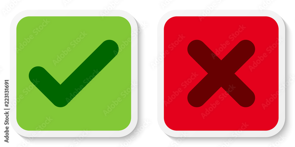 Set of flat square check & X mark icons, buttons, stickers. Tick and cross symbols. Vector EPS 10 Set of flat square check & X mark icons, buttons, stickers. Tick and cross symbols. Vector EPS 10