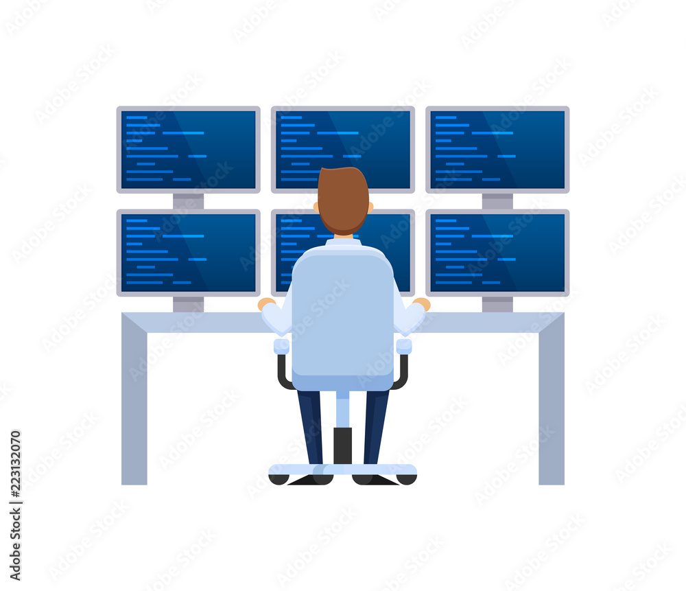 Information base, server installation, employee working for computers and monitors. Information base, server installation, employee working for computers and monitors.